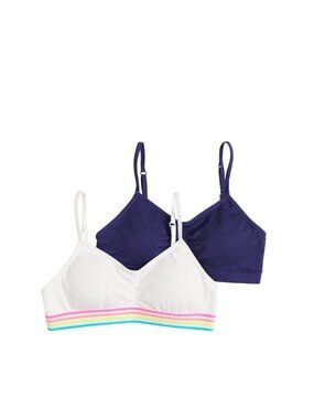 Girls Maidenform 2-pk White Rainbow Navy Seamless Ruched Cropped Bras Size Med